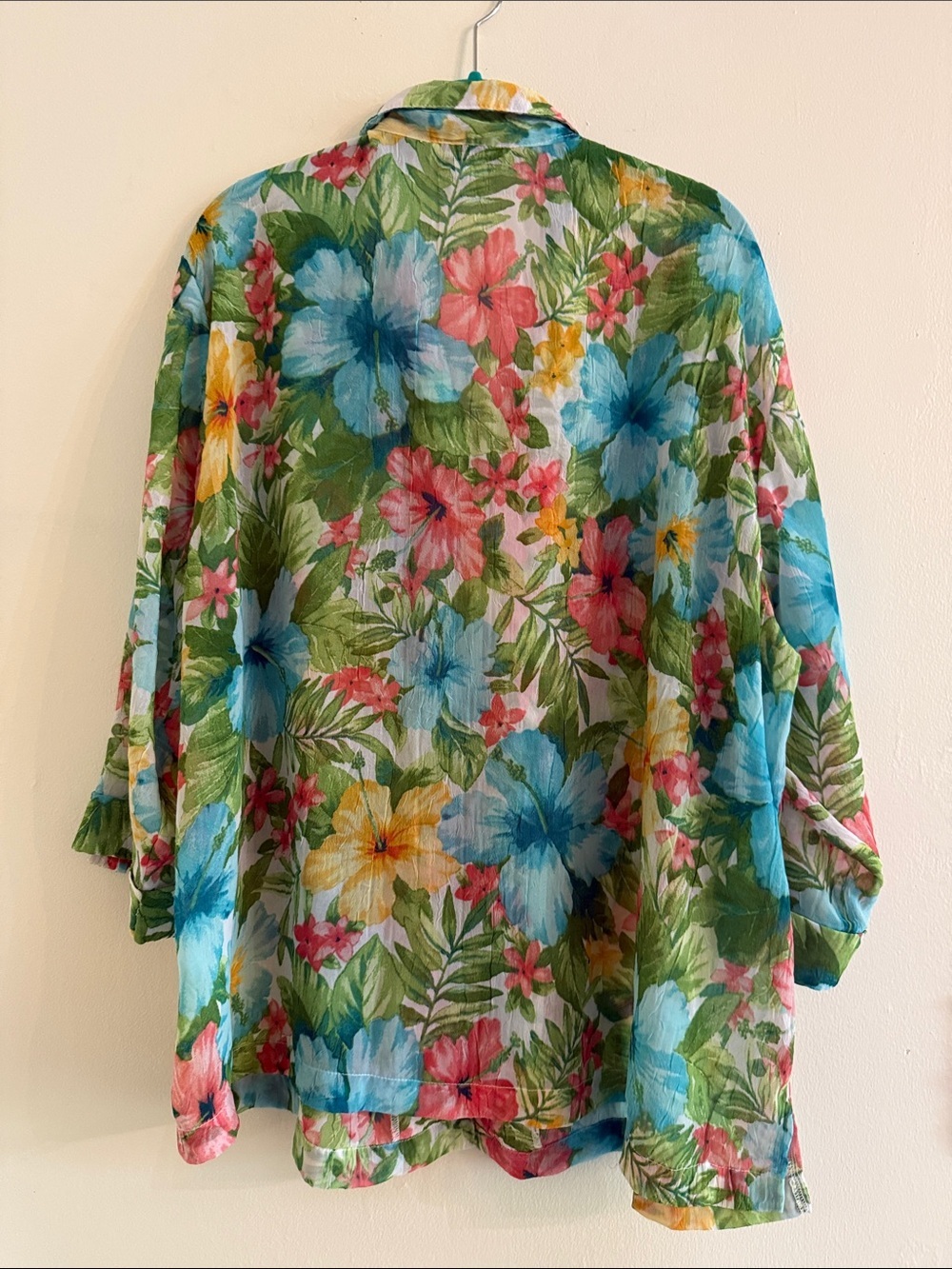 Cathy Daniels Shear Floral Button-Front Blouse in Green, Blue, Pink, Yellow-2X - Picture 2 of 6